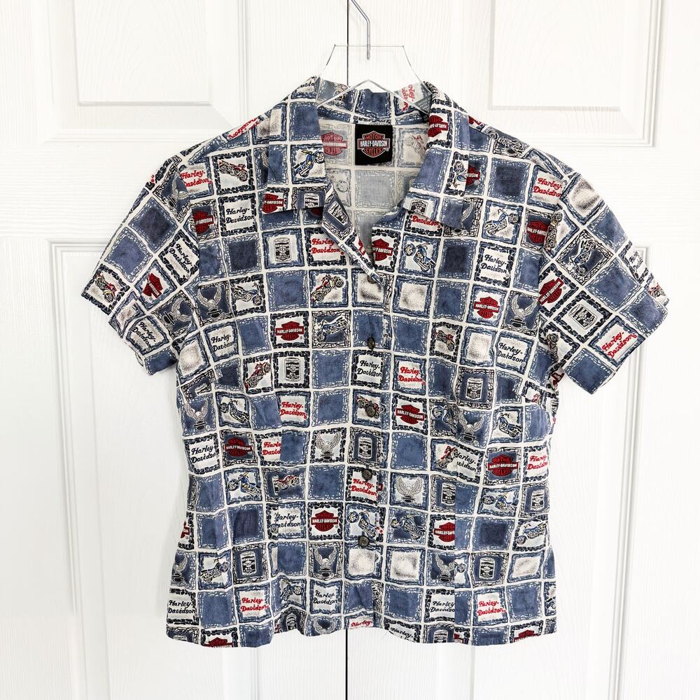 Harley Davidson Hawaiian Graphic Button Front Shirt Blue Patchwork